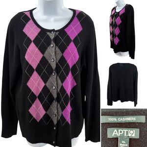 Apt.9 Argyle Black/Purple 100% Cashmere Cardigan Sweater Sz. XL